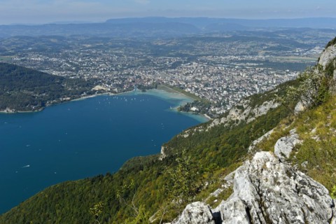 View from Mont Veyrier to the lake of Annecy, Lac d'Annecy, and the town of Annecy, Haute-Savoie,
