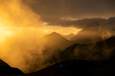 Montafon mountains with dramatic cloudy sky at sunset, Tschagguns, Rätikon, Montafon, Vorarlberg,