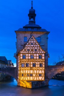 Upper Bridge, Old Town Hall, Regnitz, historic old town, Blue Hour, Bamberg, Lower Franconia,