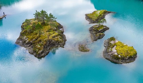 Aerial view of islands in lake Lovatnet (or: Loenvatnet), valley Lodalen south of village Loen,