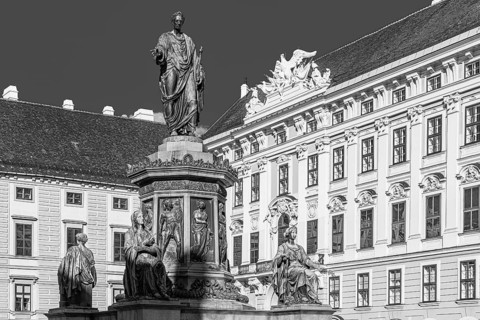 Emperor Franz monument in the Hofburg Imperial Palace, black and white photograph, Vienna, Austria,