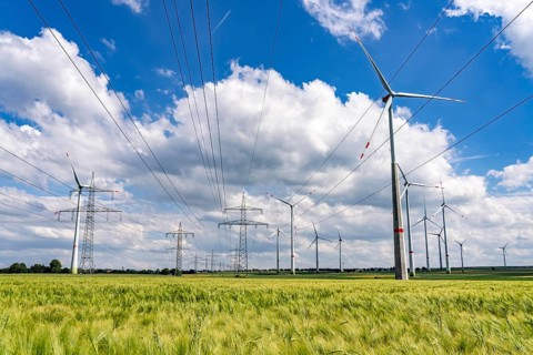 Wind farm north-east of Marsberg, Hochsauerlandkreis, high-voltage line, electricity pylons, North