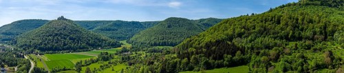 Albtrauf near Bad Urach, landscape of the Swabian Alb. Drone photo of the Hohenurach castle ruins.