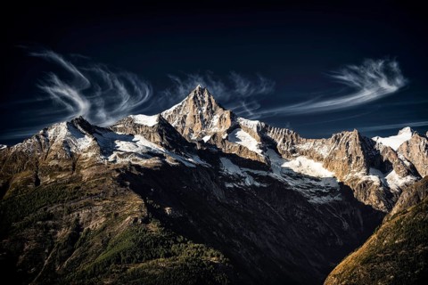 The Bietschhorn near Visperterminen, Swiss Alps, mountain, church, church tower, village, mountain