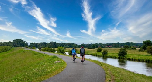 Cyclist on a cycle path by the river, landscape in the Lower Oder Valley National Park, Criewen,