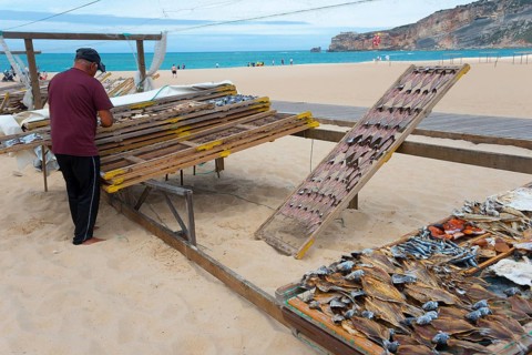 A man working on a wire rack with dried fish on the beach with sea view, fish drying, Praia da