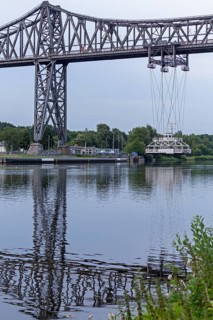 High bridge, transporter bridge, reflection, Kiel Canal, Rendsburg, Schleswig-Holstein, Germany,