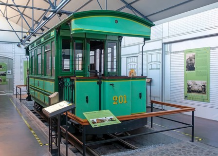 Belgian green electric tram, tramway TEPCE mortice n° 201 at Le Bois du Cazier coal mine museum,
