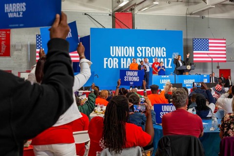 Detroit, Michigan, USA, 2 September 2024, Presidential candidate Kamala Harris campaigns at a Labor