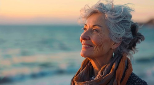 Happy senior woman enjoying walk on the beach and happy retirement, AI generated