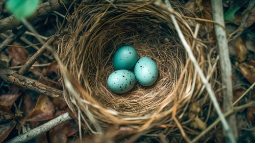 Bird nest with spotted robin eggs within in the tree, generative AI, AI generated