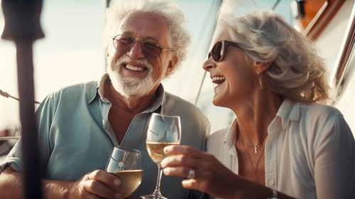 Senior caucasian couple enjoying drinks on the deck of their yacht in the ocean, generatvie AI, AI
