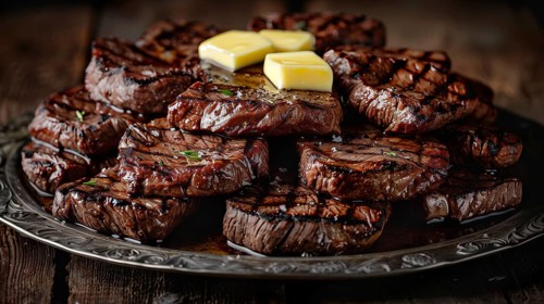 Plate with A stack of several grilled steaks with butter on top. generative AI, AI generated