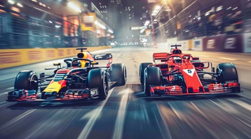 Two race cars are speeding down a track, auto racing competition, AI generated