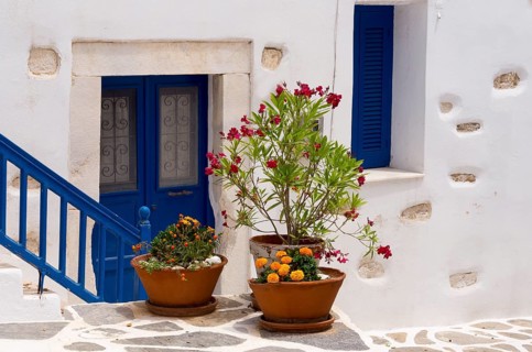 House entrance with floral decoration, Parikia, Paros, Klyklades, Greece, Europe