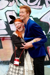 Enie van de Meiklokjes and her man Tobias Stærbo at the opening of the Tim Burton exhibition at the