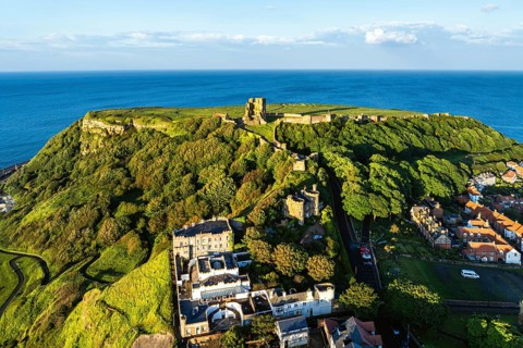Scarborough Castle from a drone, Scarborough, North Yorkshire, England, United Kingdom, Europe