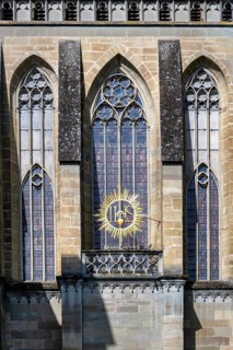 Detailed view, east facade of Salem Minster, tracery, church windows, Gothic architectural style,