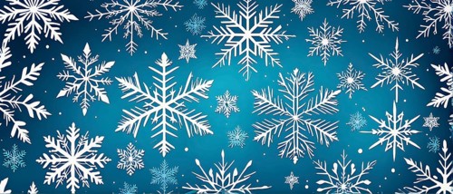 Abstract pattern of snowflakes in varying sizes and shapes in soft white and blue gradients, AI