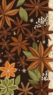 Abstract wallpaper illustration of Christmas spices like cinnamon sticks, star anise, and cloves,