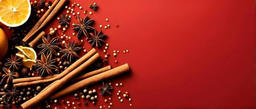 Abstract wallpaper illustration of Christmas spices like cinnamon sticks, star anise, and cloves,