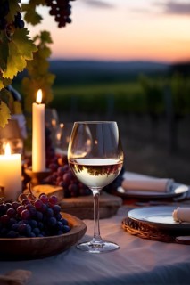AI generated wine tasting table setup with wine and vine grapes nestled subtly amidst a thriving