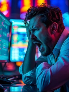 Stock trader in stress and panic in a market crash, AI generated