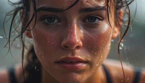 Portrait of sweating woman after workout, AI generated
