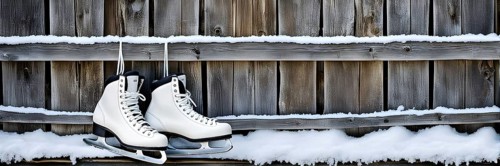 Pair of vintage ice skates hanging by their laces on an old wooden fence with frost and snow gently