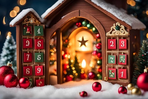 Traditional advent calendar door opening, showing a tiny festive scene inside with miniature