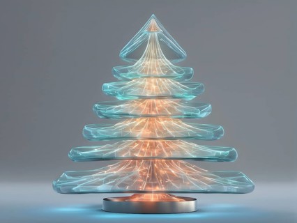 A three dimensional rendering of a futuristic Christmas tree made of glowing, semi-transparent