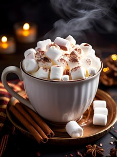 A close-up of a steaming cup of hot cocoa topped with marshmallows, surrounded by cinnamon sticks,