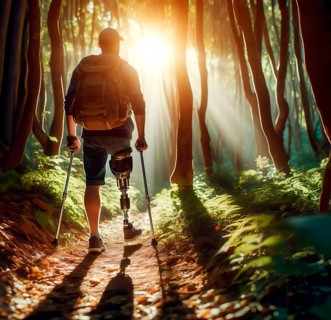 A man with an amputated leg and a prosthesis walks through the forest, symbolic image people with