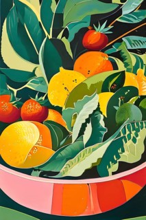Vibrant illustration of a bowl brimming with a cascade of fresh fruits and vegetables, AI generated