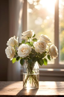 Vase of white roses aligned on an aged oak wood table, AI generated