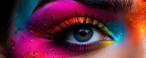 Close up of eye featuring vibrant colored eyelids with intense eye shadow, AI generated