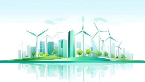 Abstract visual illustration of a city skyline where buildings morph into wind turbines and trees,