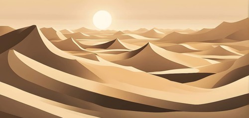 Abstract desert scene with triangular sand dunes and a single circular sun, using sharp lines and