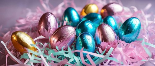Small chocolate Easter eggs wrapped in shiny foil, placed on a bed of shredded pastel-colored