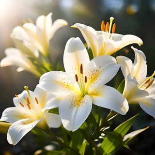 Blooming Easter lilies with soft white petals and a yellow center, bathed in gentle sunlight, AI