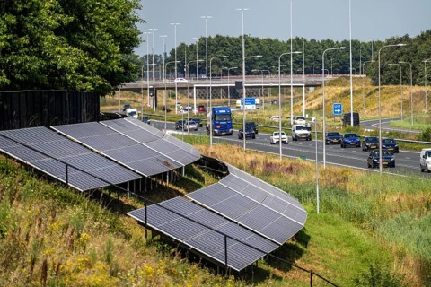 A58 motorway, photovoltaic systems were installed on the slopes to the side of the carriageway, use