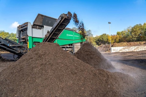 Composting plant, organic waste is composted, sorted by size, smaller parts are reused as compost,