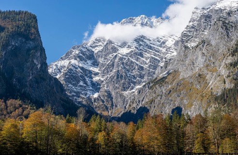Snow-covered Watzmann massif, Watzmann east face, autumnal mountain landscape, Berchtesgaden