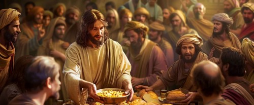 Holy Bible stories and legends, Jesus Christ feed 5000 poor people, AI generated