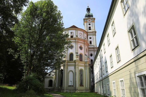 Facade of the Cistercian Abbey Church Fürstenfeld in Fürstenfeldbruck, Upper Bavaria, Bavaria,