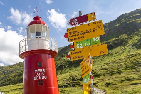 Oberalp Pass, top of the pass. The only lighthouse in the Alps stands near the source of the Rhine