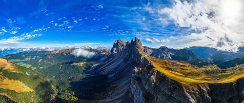 The peaks Sas Rigais and Furchetta of the Geisler group, wide-angle panoramic photo, drone photo,
