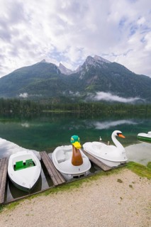 Jetty with boats at Hintersee, pedal boats, Ramsau, Berchtesgaden National Park, Berchtesgadener