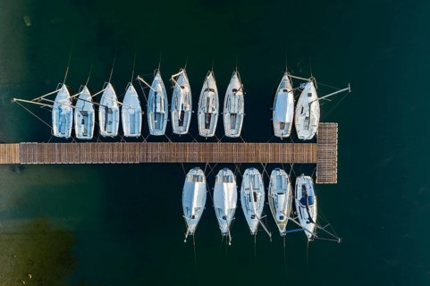 Aerial view of sailing boats on a quay in the water, autumn, Riegsee, Alpine foothills, Upper