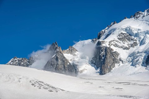 High alpine mountain landscape, Glacier du Tour, glacier and mountain peak, summit of the Aiguille